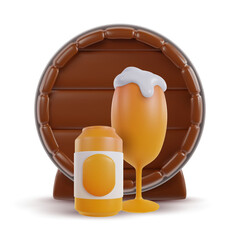 Wall Mural - 3d realistic yellow glass of beer, jar with wood barrel isolated on white background. Set design elements in minimal cartoon glossy style. Vector illustration.