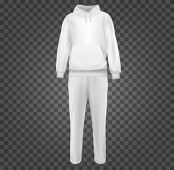 Wall Mural - Set realistic white casual sport suit. Base clothes isolated on transparent background. Blank mockup costume for branding man or woman fashion. Design casual template. Vector pants and hoodie.