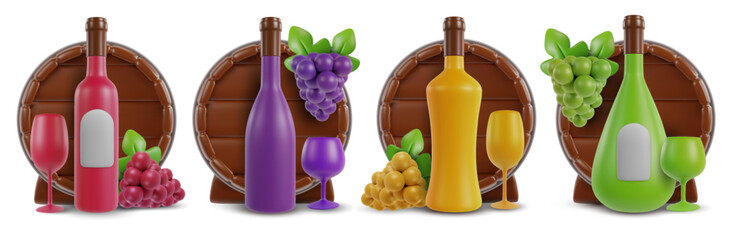 Set 3d realistic composition with wooden barrel, bottle, wine glass and grape. Vector object in modern minimal cartoon glossy style. Sweet colorful illustration isolated on white background.