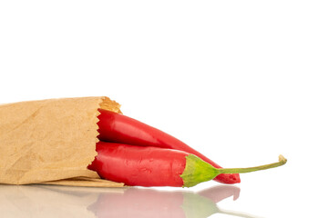 Two red hot peppers in a paper bag, macro, isolated on white background.