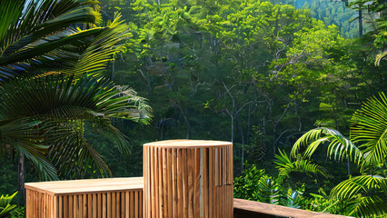 wood podium in tropical forest for product presentation and on plant background, Generative AI