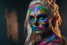 Fictitious Woman, Santa Muerte Deity, Beautiful Blonde Woman With Blue Eyes Painted Skull, Face Painted Like Skull Inspired By Mexican Dia De Los Muertos, Generative Ai,