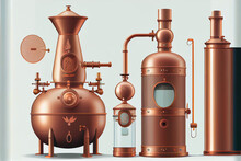 Industrial Equipment From Copper Tanks For Distillation Of Alcohol. Distillery, Distillation Vintage Vector 