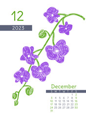 Wall Mural - Floral calendar 2023 year. December month. Orchid botanical illustration. Calender design. Hand drawn vector pen or marker doodle sketch. Natural pencil drawing