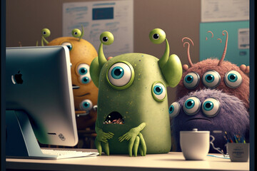 Group of cute little baby alien monsters working and crafting. Colorful monster aliens in a workshop or office. Generative AI illustrations	
