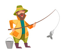 Bearded Fisherman Capturing Fish With Rod And Bucket Vector Illustration