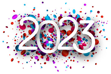 Wall Mural - White paper 2023 sign on colorful round spot confetti background.