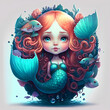 © Etagonam - Illustration of a beautiful redhead mermaid girl portrait with blue fish tail. Corals and seaweeds in the background. Generative AI illustration of a fictional woman