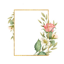 Gold Rectangle Frame With Flowers And Leaves. Floral Wedding Card Decor