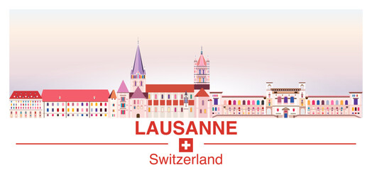 Fototapete - Lausanne skyline in bright color palette vector poster