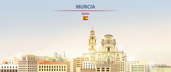 Fototapete - Murcia cityscape on sunrise sky background with bright sunshine. Vector illustration