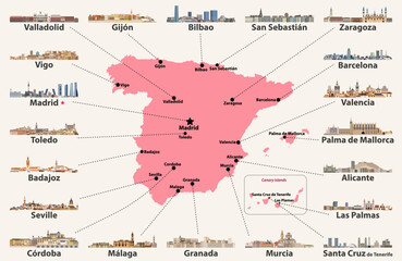 Fototapete - Spain map with main cities skylines. Vector illustration