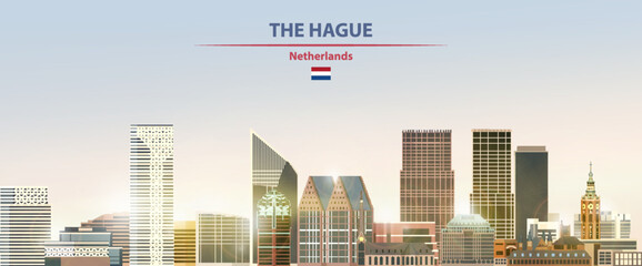Fototapete - The Hague cityscape on sunrise sky background with bright sunshine. Vector illustration