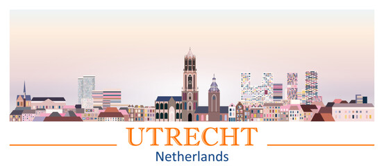 Wall Mural - Utrecht skyline in bright color palette vector illustration