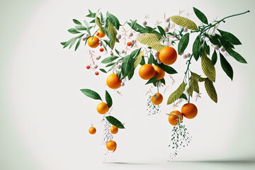 Wall Mural - On a white backdrop, orange fruits are suspended from a branch with green foliage. clipped route. Generative AI