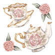 Watercolor vintage illustrations with tea-set: teapot, tea cup and saucer, decorated with gold, roses, leaves. Isolated