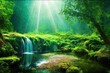 Peaceful forest oasis with a pond and soft waterfall and crepuscular rays