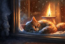 Kitten Sleeping At The Window, Watching The Snow Fall Outside In The Winter In Christmas Time. It Is Warm And Content, Lulled By The Peaceful Pitter-patter Of The Snow On The Windowpane.
