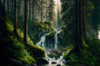 waterfall in the forest, green forest, cascade, moss, art illustration