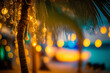 tropical paradise beach scene with a palm tree decorated with scenic string lights, celebration by the beach, bokeh, Generative AI