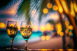 two glasses of champagne over a tropical paradise background by a beautiful beach at sunset, Generative AI