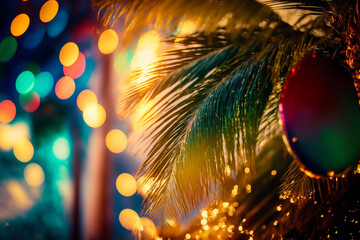 tropical paradise beach scene with a palm tree and banner, scenic string lights in the background, celebration by the beach, bokeh, Generative AI