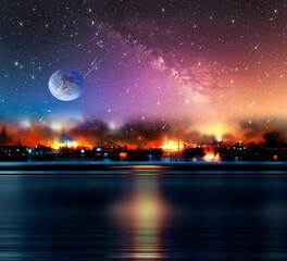 Wall Mural -  Sunset  at night ,starry sky nebula and big moon on sea on horizon city light blurred light