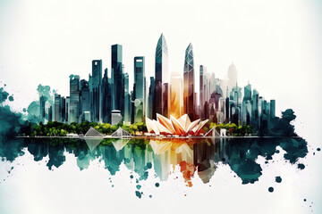 Wall Mural - Singapore cityscape isolated on a white backdrop. Singapore's commercial district landscape. Generative AI
