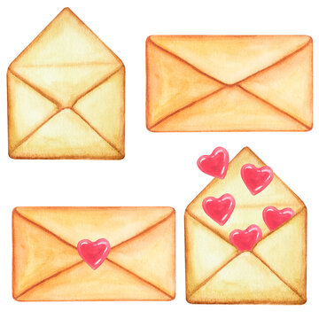 Set of envelope with pink red hearts. Message of love. Hand-drawn watercolor illustration isolated on white background. Happy Valentine's Day