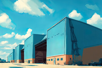 Poster - commercial hangars. blue sky and factory construction industrial buildings with illuminated hangars.