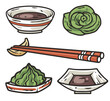 Wasabi, soy sause and chopstick for sushi. Asian food set of sauces for japanese or chinese rolls