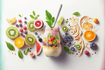 Wall Mural - inventive smoothie and fruit filled arrangement. lay flat. notion of food. smoothies against a backd