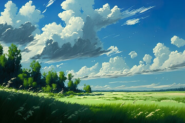 Wall Mural - Background of lush meadows against a cloudy, blue sky. Generative AI