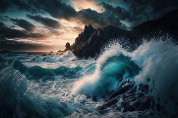 ai generated illustration of a seascape during sunset with waves at a rocky coast