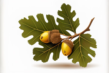 Wall Mural - A branch holding two acorns. On a branch, an oak leaf in yellow on a white backdrop, alone. Casual. flat representation Forest motif. Nature. for books, websites, cards, and stickers. Generative AI