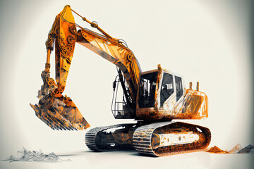 Excavator. Excavator in abstract polygonal wireframe on a white backdrop. Concept drawing of construction, building, heavy equipment, industrial gear, and mining. Generative AI