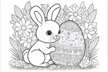 Coloring Sheet Of A Rabbit Clutching A Happy Easter Egg For Kids. Generative AI