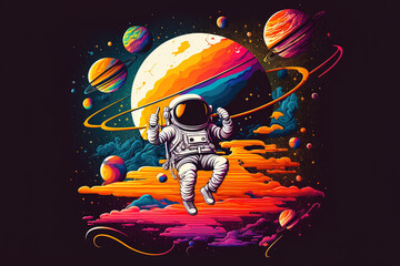 cartoon depiction of an astronaut swinging planets with a t shirt design technology isolation concep