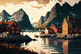 Fototapeta  - Backdrop of lofoten scenery in Norway. Illustration of a bay with houses. perfect for art prints, posters, and postcards. Generative AI