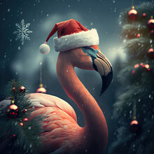 Flamingo With Christmas Tree, Snow Flakes With Christmas Lightings And Hat
