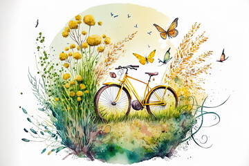 Wall Mural - Bright landscape view with summer meadow, yellow bicycle, butterflies, and green grass isolated on white backdrop. watercolor drawing created by hand. Generative AI