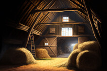 Interior Of A Wooden Haystack Barn In A Rural Community. Illustration Of A Farming Haymow With Haystacks And A Wooden Hamlet Building In The Backdrop. A Barn For A Farm. Generative AI