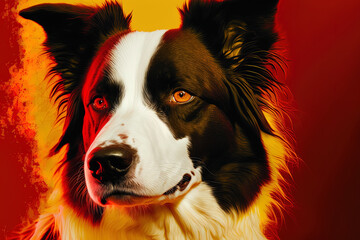 Sticker - Lovely border collie in red and white with a brilliant yellow backdrop. Generative AI