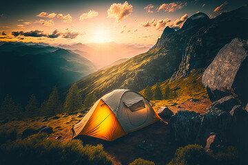 active tourism and hiking idea with a tourist camping tent on a mountain during a beautiful sunny ev