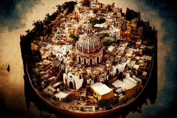 Wall Mural - Mexican city of Guanajuato from above, showing its church. Generative AI