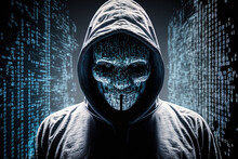 Hacker Wearing White Mask With Binary Code Digital Interface Using Smartphone To Steal Financial Data Double Exposure Data Theft Internet Fraud Darknet And Cyber Security Concept. Generative AI