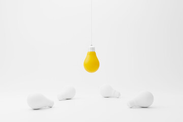 Wall Mural - Hanging light bulb yellow outstanding among lightbulb group. Concept of creative idea and innovation, Unique, Think different, Individual and standing out from the crowd. 3d render illustration