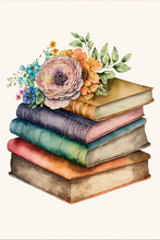 Stack Of Books And Flowers, Watercolor Illustration On White Background, AI Assisted Finalized In Photoshop By Me 