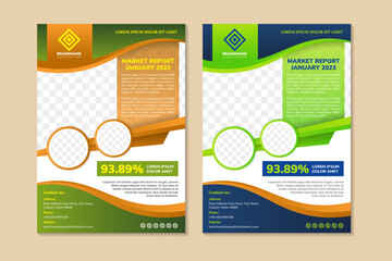 Poster - market report january 2023 flyer design template. vertical layout with space for photo collage. combination green, brown, and blue gradient colors. collection abstract wave poster.