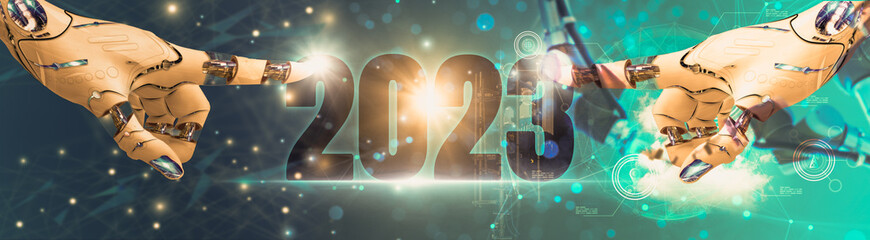 Wall Mural - happy new year 2023,concept digital technology trends,robot hand touch icon,is full modernity advanc
